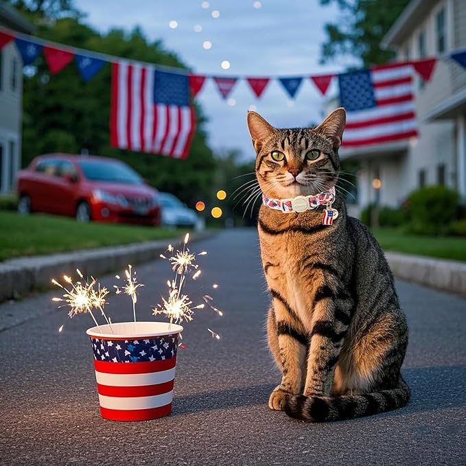 2 Pack American Flag Cat Collars Breakaway with Bell, DOGWONG Safety Buckle Independence Patriotic Cute Cat Collar for Girl Boy Cats，Adjustable 7-12 Inch