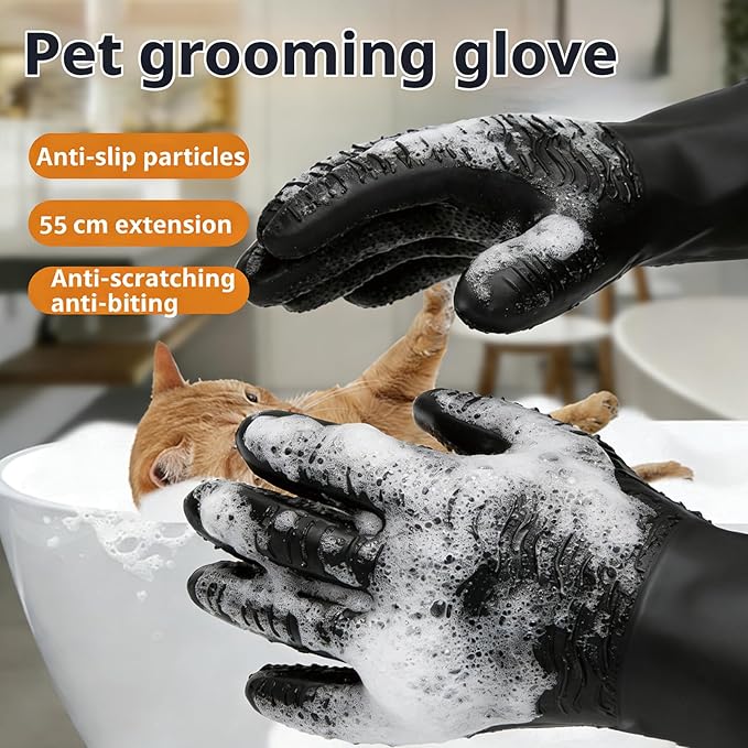 YOFANG 22" Extra Long Pet Grooming Gloves for Washing and Hair Removal,Double‑Sided Cat Bite-Proof Waterproof Brush Gloves,Suit for Short/Long Hair Pets,Black