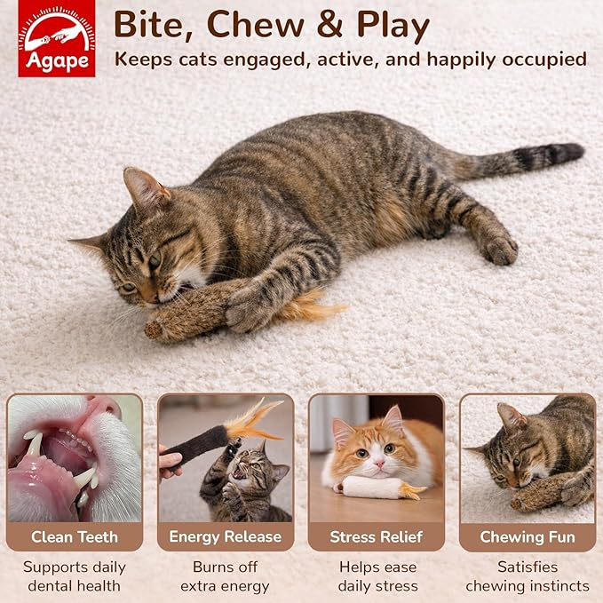 Agape Rabbit Fur Cat Toys, 3-Pack with Catnip & Silvervine Gall Fruit, Interactive Chew and Kicker Toys for Indoor Cats and Kittens, Helps Clean Teeth, Relieves Boredom and Promotes Exercise