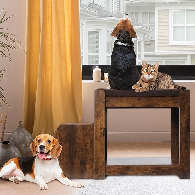 Pet Bunk Bed Pet Step Window Perch with Removable Step for Dogs and Cats, Bedside Lounge Elevated Dog Bed Multi-Level Seat Platform with Cushion and Non-Slip Pad (Vintage, 44.5" Lx19.7 Wx25.6 H)