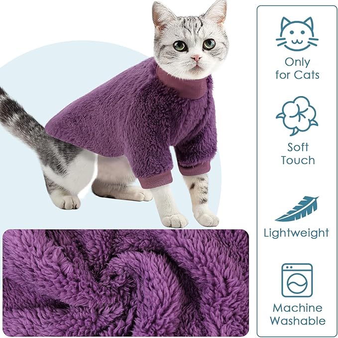 Sphynx Cat Sweater, Hairless Cats Turtleneck Pullover Kitten Sweaters for Cats Only, Warm and Soft Cat Pajamas Shirt with Sleeves Pet Winter Clothes Fleece Jumpsuit for Puppy, Purple S