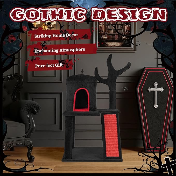 42" Gothic Cat Tree with Cat Condo for Indoor Cats, Halloween Cat Tower with Branch Shaped Scratching Post, Scratching Ladder & Spider Toy - Red & Black Themed Cat Furniture for Large Cats