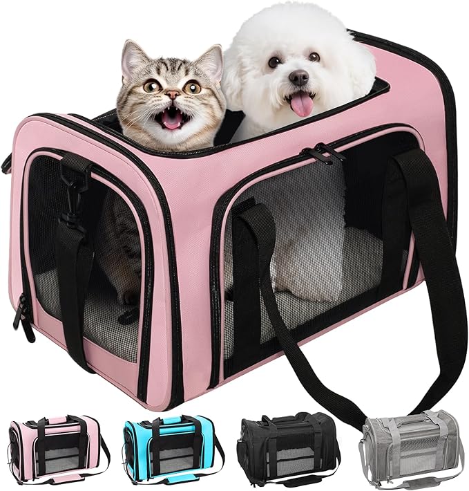 Soft-Sided Cat Carrier Expandable Pet Carrier Airline Approved Mesh Travel Carrier Up to 15lbs for Cats Small Dogs Collapsible Escape-Proof with Shoulder Strap (18x11x11 Pink)