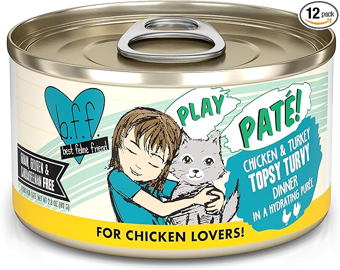 Weruva B.F.F. Play - Best Feline Friend Paté Lovers, Aw Yeah!, Chicken & Turkey Topsy Turvy with Chicken & Turkey, 2.8oz Can (Pack of 12)