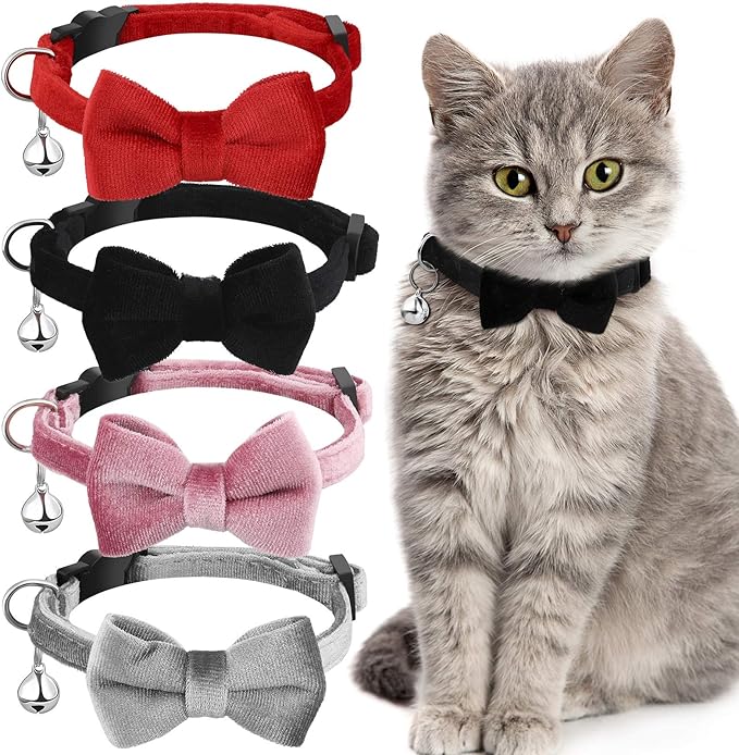 4 Pieces Cat Bow Tie Collar with Bell Breakaway Cat Comfortable Velvet with Cute Safety Pet Collar for Pet Kitten Puppy(Small,Black, Red, Gray, Pink)