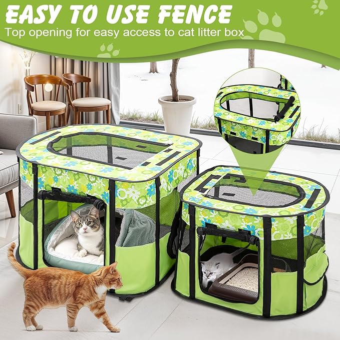 Portable Cat Playpen with Separate Areas, Foldable Indoor Outdoor Cat Enclosure, Portable Pet Tent for Kittens and Small Animals, Collapsible Tent Kennel Cage House with Tent Pegs and Carry Bag