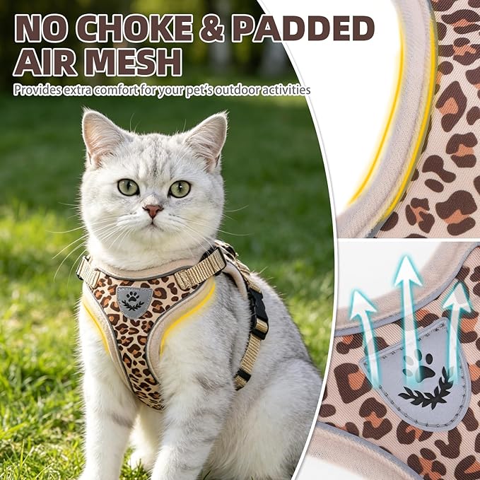 PUPTECK Cat Harness and Leash Set Escape Proof Reflective Cat Walking Harness Adjustable Soft Breathable Mesh Vest for Small Pets, Khaki Leopard Print, S