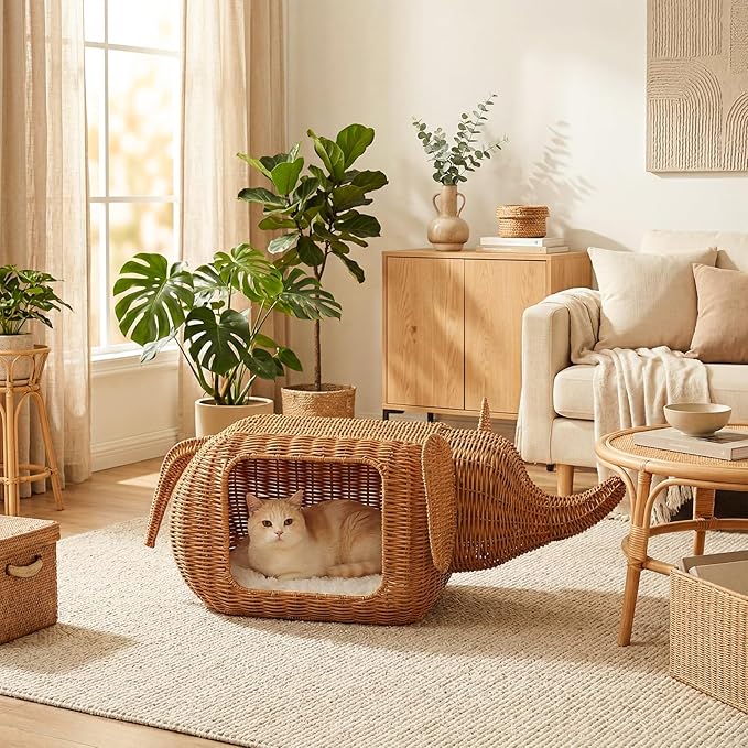MUTTROS Elephant Rattan Cat Condo Bed for Indoor Cats, Handwoven Wicker Cat House with Thick Plush Cushion for Large Cat and Kitten, Sturdy Pet Hideaway for Small Dog Rabbits-35x12x13 Inches