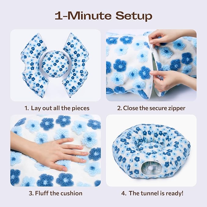 Meowfia Indoor Cat Tunnel with Donut Bed - Large Flexible Play Space for Multiple Pets - Circle or Snake Shape, Cozy Lounge (Blue Blossom)