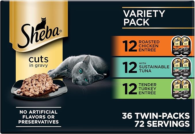 Sheba Perfect Portions Wet Cat Food Cuts in Gravy, Roasted Chicken, with Sustainable Tuna, Tender Turkey Entree, 2.6 oz. Twin-Pack Trays (36 Count, 72 Servings)