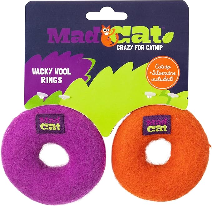 Mad Cat Wacky Wool Rings with Catnip and Silvervine Blend Natural Wool Fiber Cat Toys, Pack of 2