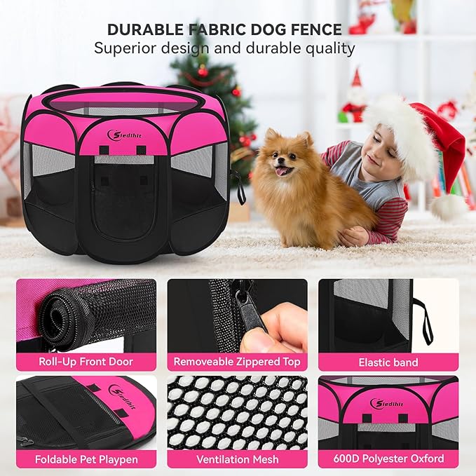 Siedihit Dog Playpen, Medium Puppy Pet Playpen, Dog Crate Tent Cage Indoor/Outdoor, Portable Pop Up Dogs Kennel Playpen with Carrying Case for Dogs/Cats/Rabbits, Hot Pink