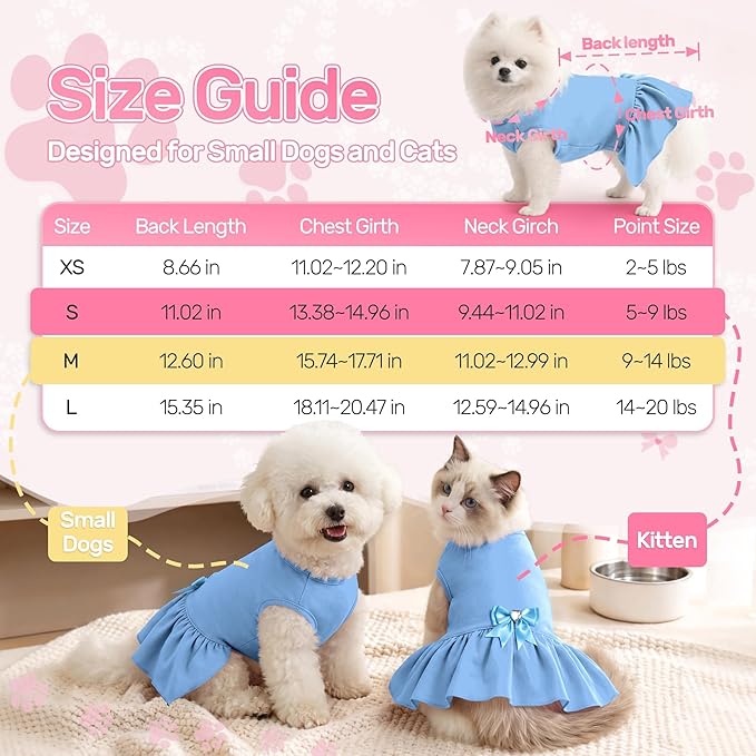 YUDODO Dog Dress Sleeveless Cat Dresses Breathable Dog Clothes for Small Dogs Girl Bowtie Puppy Dress with Cute Skirt Hem Lightweight Summer Dogs Dresses Soft & Does Not Pill Blue M