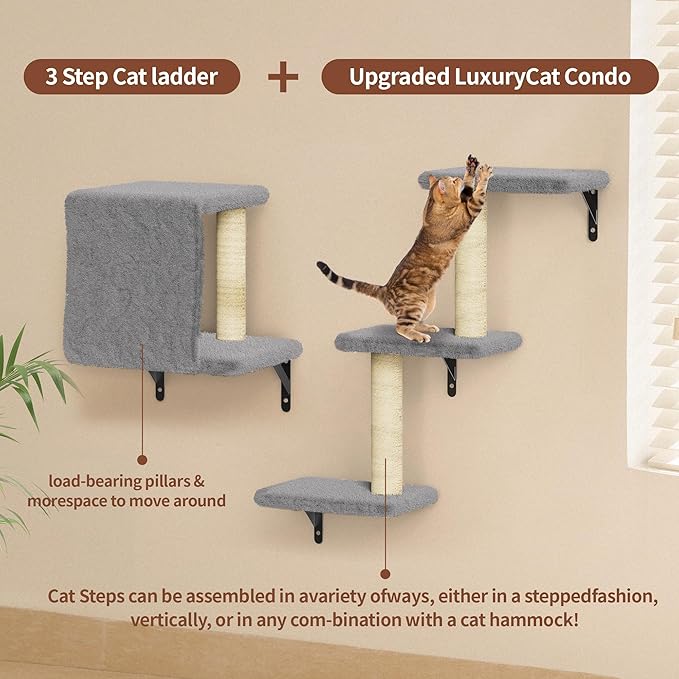Cat Wall Shelves for Large Cats, Stable & Safe Kitty Walls Furniture Set for 40LBS Cats with Wooden Cat Climber,House, Bridge, Tree, Steps, and Scratcher for 16 Inch Drywall (Grey, 6-in-1)