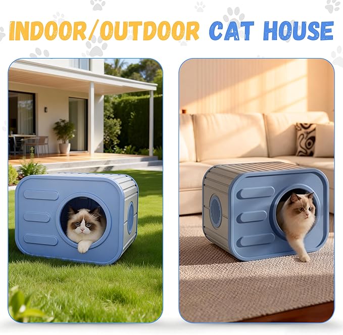 Insulated Outdoor Cat House Weatherproof, Plastic Feral Cat Houses for Outdoor Indoor Cats with Camera-Shaped, Stackable Outside Cat House Shelter for Several Cats, Easy to Assemble, Blue