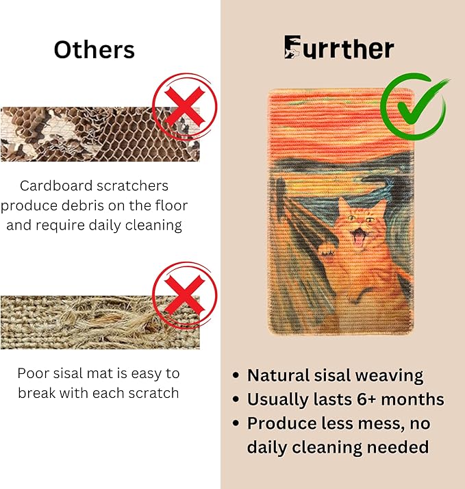 Furrther Sisal Cat Scratcher Post Mat (Use on Wall, Couch and Carpet), Durable and Shedding-Resistant Cat Scratching Surface - 21.7x13 inch with Adhesives and Twist Pins (Scream)