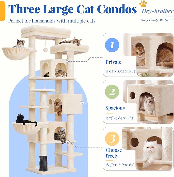 Hey-brother Cat Tree, 74 inches Multi-Level XL Large Cat Tower for Indoor Cats with Three Cat Condos, Two Large Top Decks and Cat Hairbrushfor Kittens, Cats and Pets, Beige MPJ035-MM
