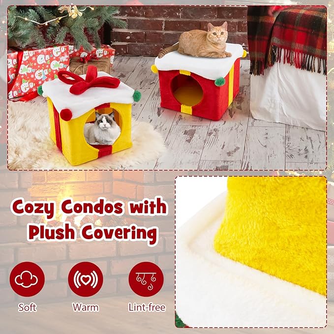 Tangkula Gift Box-Shaped Cat House, Christmas 2-Story Cat Condos, Stackable & Free Combination Kitten Tower, Soft Plush Covered Hideaway Cat Beds Caves for Indoor Kittens