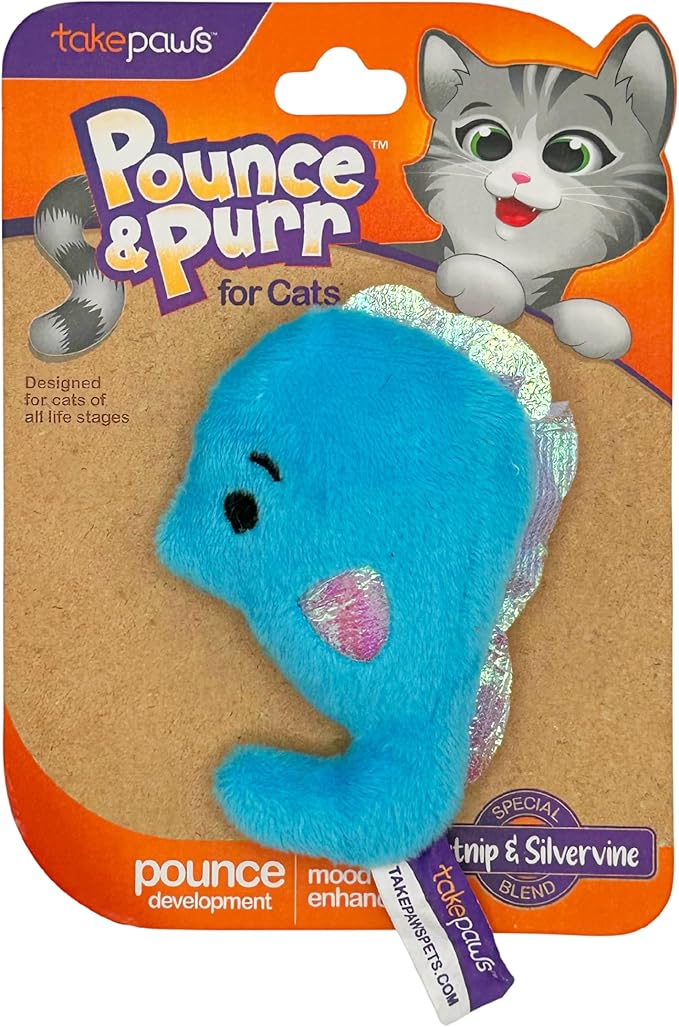 Pounce & Purr® Plush Cat Toys, Catnip & Silvervine Infused, Shiny Iridescent Accents, Interactive Play Toys for Cats & Kittens (Seahorse)
