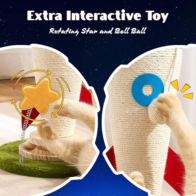 Cat Scratching Post, Rocket Cute Sisal Cat Scratcher with Durable Solid Wood Turntable Toy, Cat Scratch Post Red Cat Scratcher with Spinning Star Toy for Indoor Adult Cats