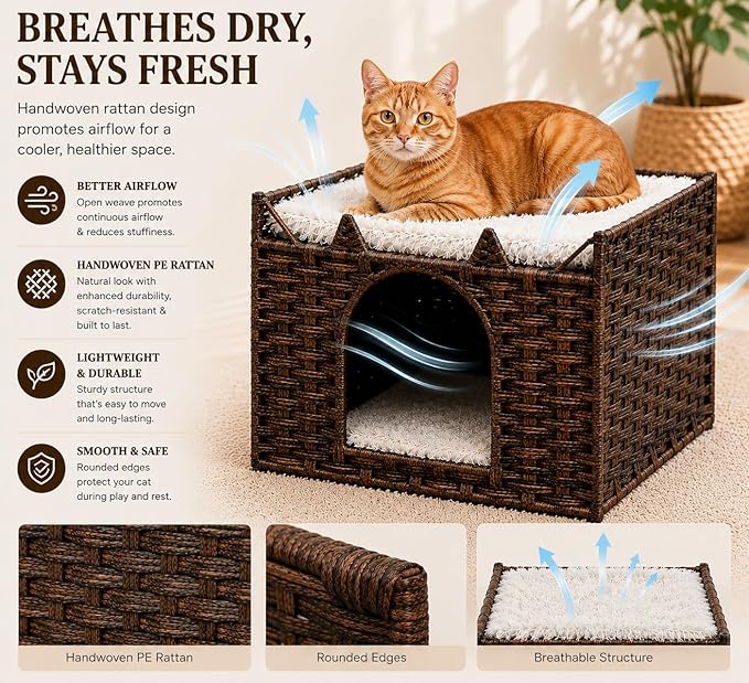 Cat Bed with Ears - Handwoven Rattan Cat Cave House for Indoor Kittens, Foldable Hideaway with 2 Removable Cushions, 16.5x16.5x13.2 Inch Natural Pet Cube for Living Room/Bedroom Brown