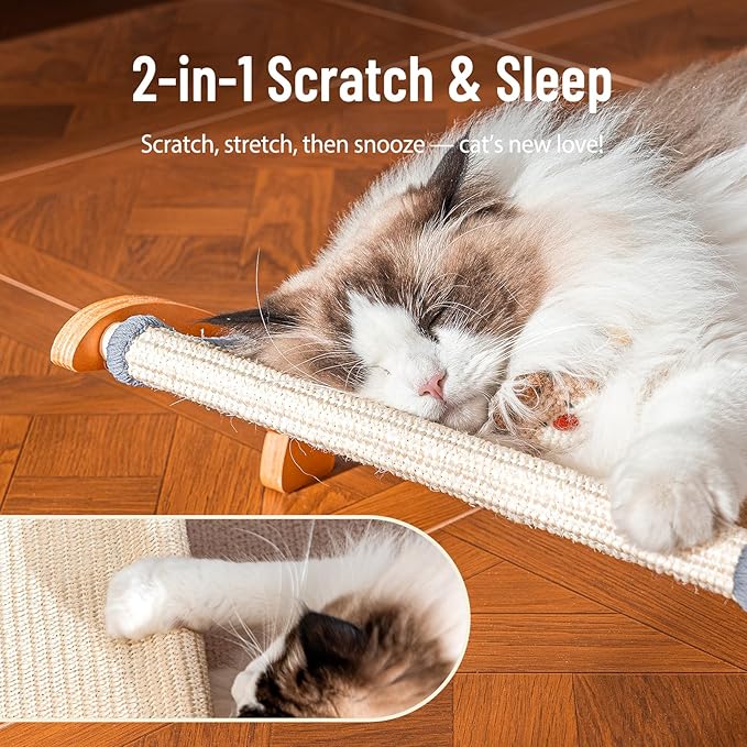 JUNSPOW Sisal Cat Scratcher Bed for Indoor Large Cats Lounger & Sleep, Natural Durable Cat Scratching Hammock Pad Board, Solid Wooden Kitten Chair Furniture Easy Assembly