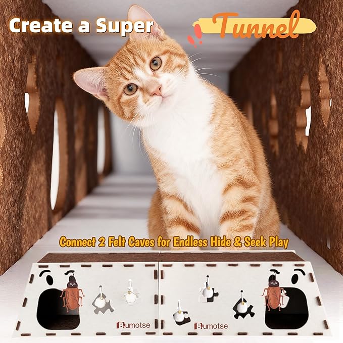 2-Story Interactive Felt Cat Tunnel for Indoor Cats with Catnip Toy, Modular Cat Cave House for Scratching, Play, Hiding & Sleeping, Durable Washable Cat Condo for Large Cats Up to 22LB,Coffee