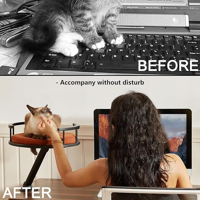 Cat Desk Bed - Desktop Attachment Cat Perch for Home Office, Spinnable Indoor Mounted Desk Bed, Elevated Nest for Work, Kitten Furniture Accessories(Black)