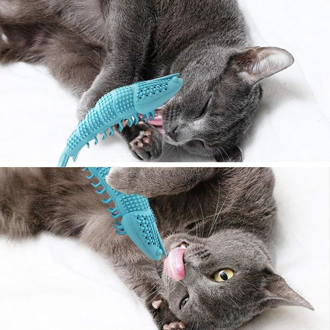 Cat Toothbrush Catnip Toy,Interactive Rubber Dental Care for Pet Kitten Kitty, Crayfish-Shaped Safe Chewing Toy Tooth Cleaning Resistant Cat Toy(2 Pack)