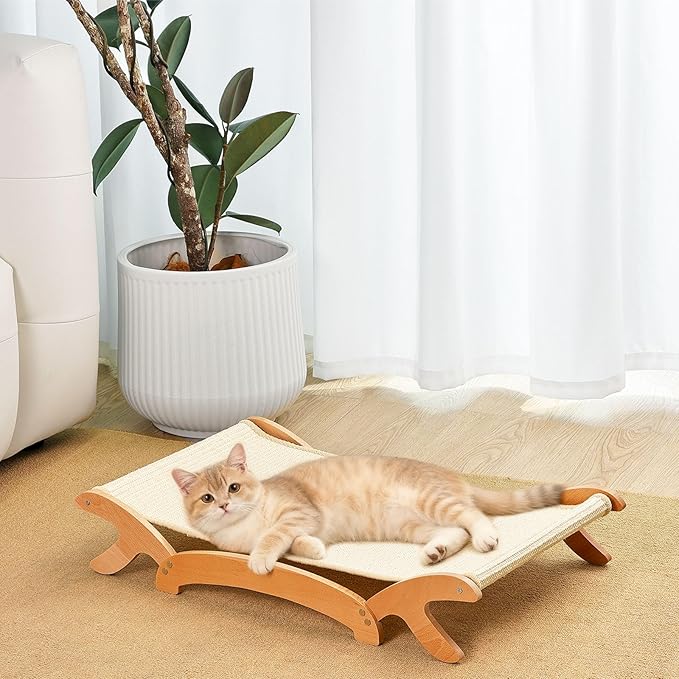 Elevated Cat Bed with Sisal Hammock for Cats, Large Sisal Scratcher Bed for Indoor Cats, Solid Beech Wood Frame up to 22Lbs (26.3" Lx16.1 Dx4.7 H)