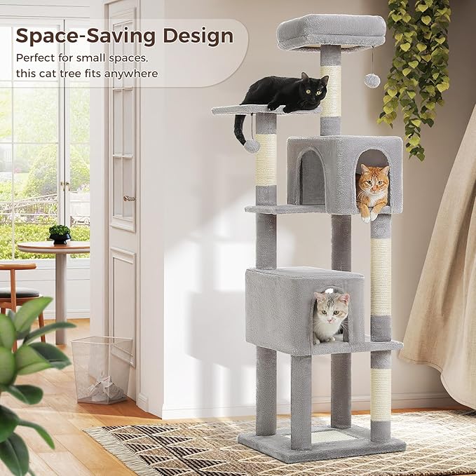 MUTTROS Cat Tree for Indoor Cats, 62-Inch Multi-Level Cat Tower with Scratching Posts for Large Cats, 2 Bigger Plush Condos, Padded Platform, Soft Cat Bed and Scratching Pad, 2 Pompoms, Gray