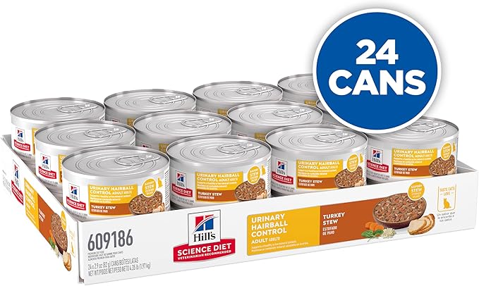 Hill's Science Diet Adult Urinary & Hairball Control Wet Cat Food, Turkey & Vegetable Stew, 2.9 oz. Cans, 24-Pack