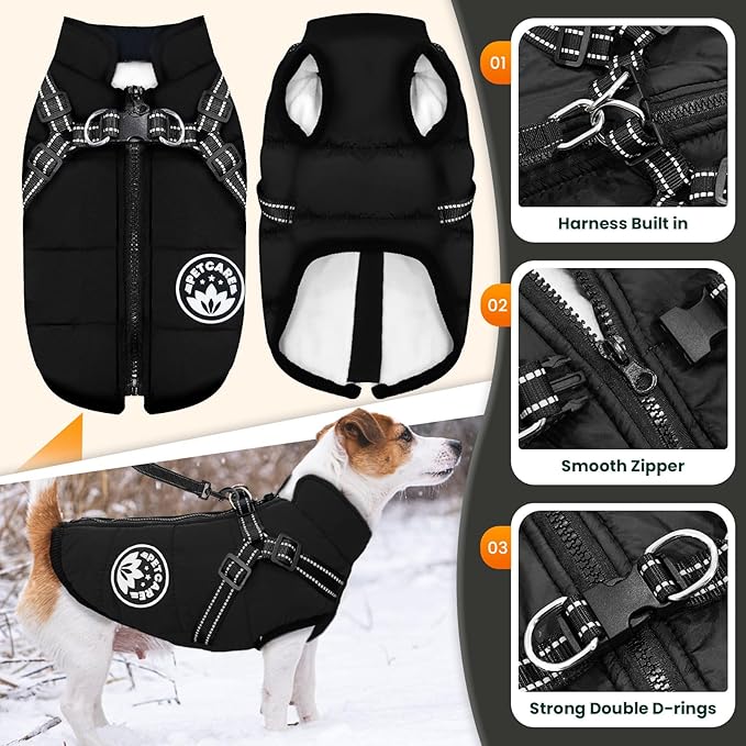 PETCARE Winter Dog Coat with Harness Built in Waterproof Dog Jackets Warm Pet Fleece Vest Windproof Snow Jacket Snowsuit Reflective Dogs Cold Weather Coats for Puppy Small Medium Large Dogs Cats
