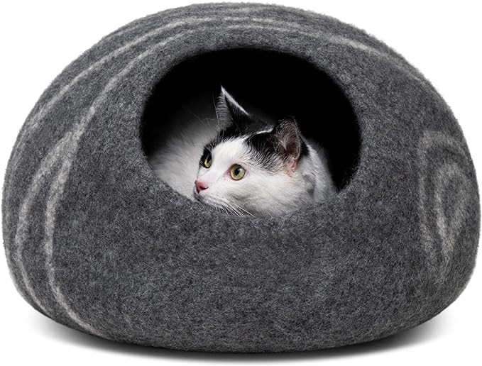 MEOWFIA Cat Cave – Premium Felt Cat Bed for Indoor Cats, Handmade Merino Wool (Dark Grey, Large)