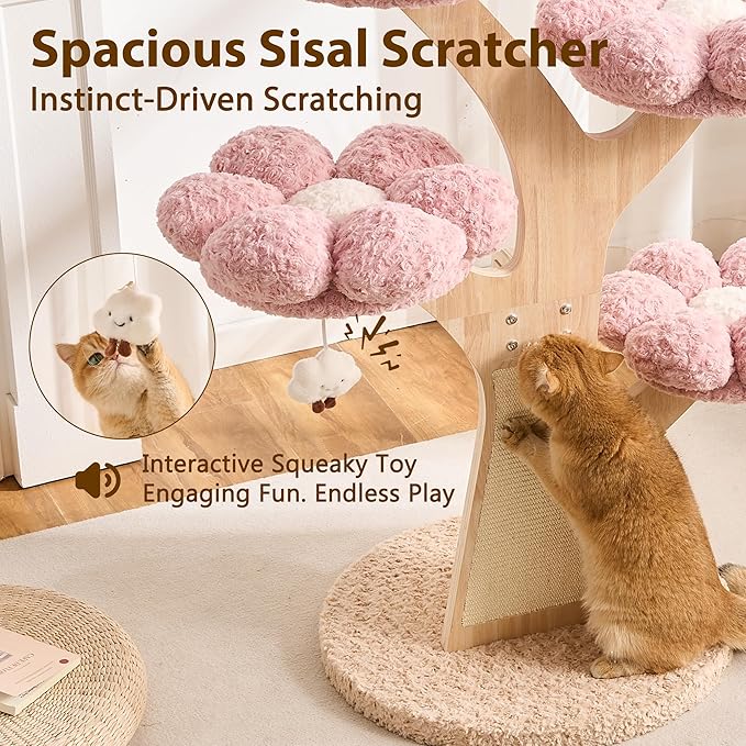 Aesthetic Flower Cat Tree Tower with Scratching Post for Indoor Cats, 48" Modern Cat Tree with Wood Sculpted Branch, Flower Cat Beds, Scratching Board & Interactive Squeaky Toy, Sakura Pink