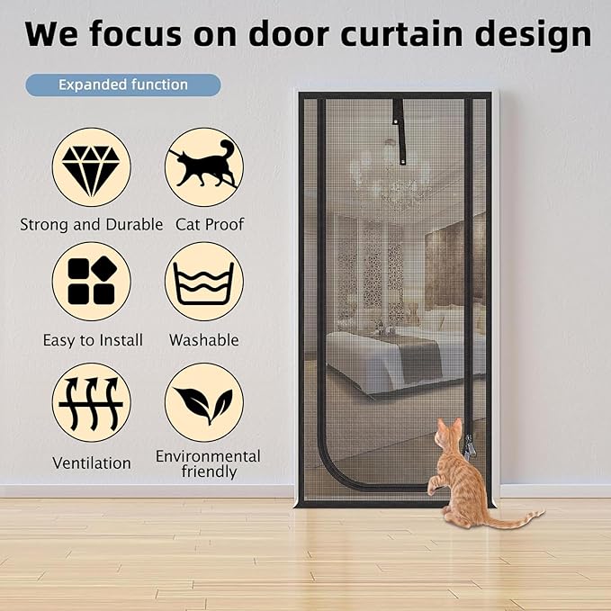 Reinforced Cat Screen Door,Fits Door Opening Size 34''x 81'',Thickened Cat Resistant Mesh Screen Door for Living Room,Kitchen,Bedroom,Cat Proof Screen with Zipper Closure.
