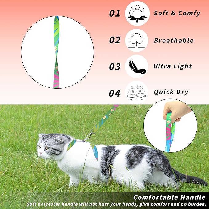 Seyezo Cat Harness and Leash Set, Adjustable Kitten Harness Escape Proof Cats Harness, Soft Lightweight Walking Travel Pet Harness, Cute Kitty Harness Leash Set for Small Medium Cats, Hawaii Green