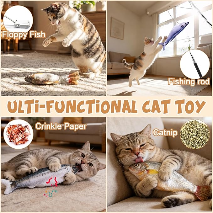 BABORUI Cat Toys Interactive, Mini Realistic Electric Floppy Fish Cat Toy, Cats Fishing Pole Toy with Elastic String for Bored Indoor Adult Cats