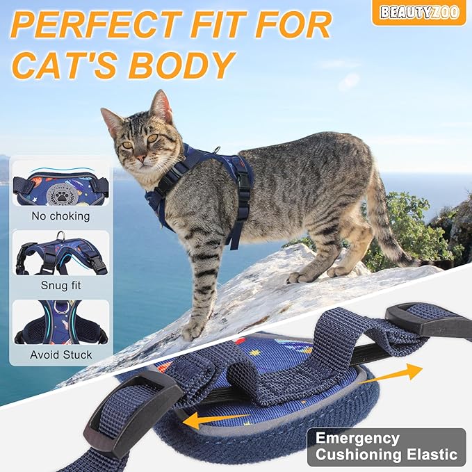 BEAUTYZOO Cat Harness and Leash for Walking, Escape Proof Soft Adjustable Vest Harnesses for Medium Large Cats, Easy Control Breathable Reflective Strips Jacket, Blue, M