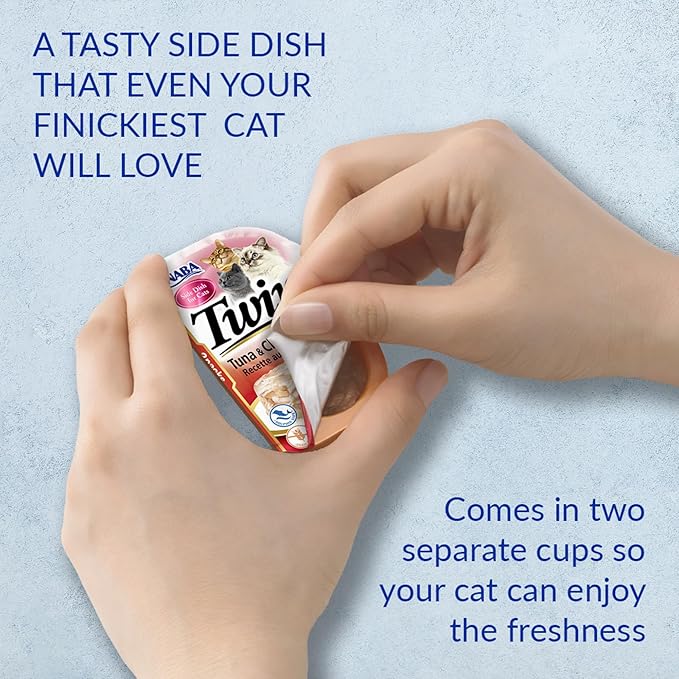 INABA Twins for Cats, Shredded Chicken & Broth Gelée Side Dish/Topper Cups with Green Tea Extract, 1.23 Ounces per Serving, 12 Servings, Tuna & Chicken with Scallop Recipe