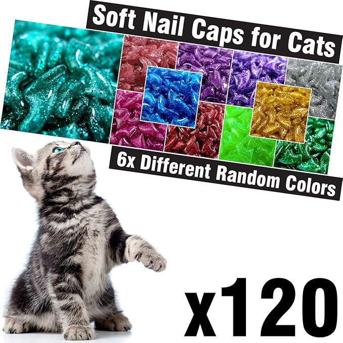 zetpo Glitter Cat Nail Caps | Cat Claw Covers | with Adhesives and Applicators (6X Glitter | 120 pcs, S)