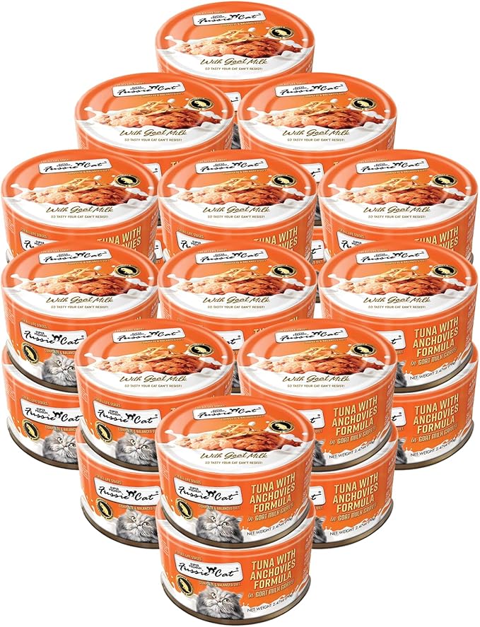 Fussie Cat Premium Canned Wet Cat Food in Goat Milk Gravy - 2.47 oz Cans - Case of 24 Cans (Tuna & Anchovies)