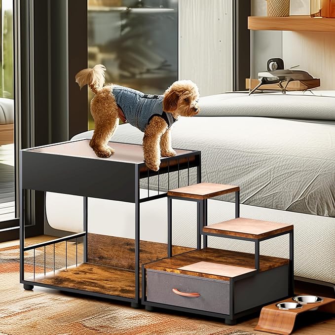 Pet Step Window Perch with Stairs and Storage Drawer, Bunk Beds for Dogs and Cats, Bedside Lounge Elevated Dog Bed Multi-Level Platform with Sponge, Non-Slip Pad, Vintage (47.3" Lx19.7 Wx25.6 H)
