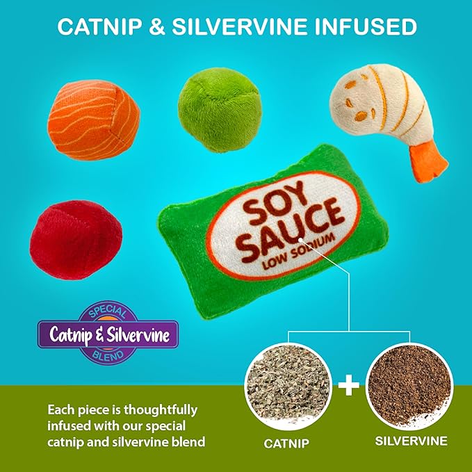 Pounce & Purr® Deluxe Interactive Cat Toy Set – 6 Piece Detachable Plush Catnip & Silvervine Playset with Themed Toys & Kicker Base