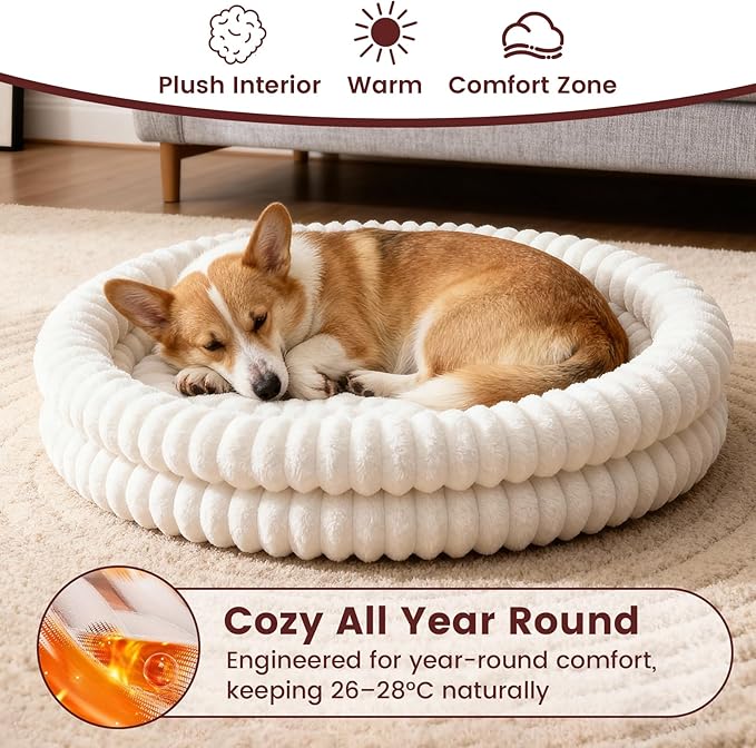 Small Dog Beds, Machine Washable Donut Large Cat Beds for Indoor Cats, Fluffy Round Pet Bed with Anti-Slip Bottom for Puppy and Kitten, White, 28"x28"x5"