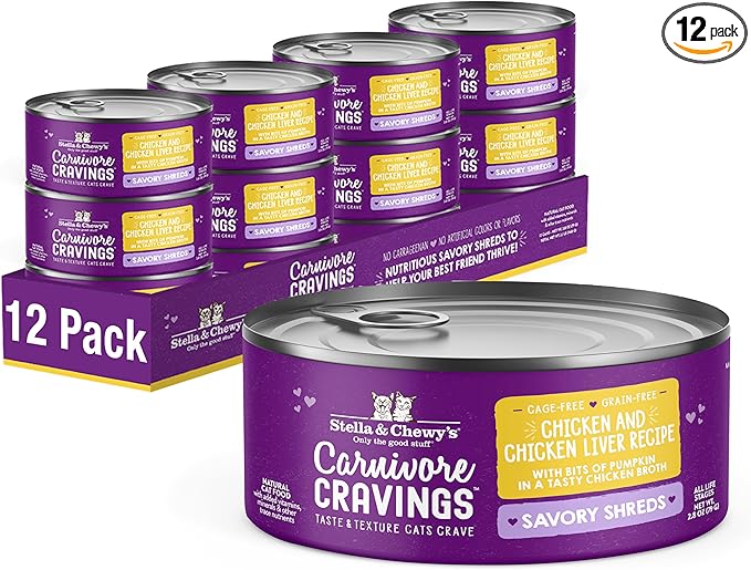 Stella & Chewy's Carnivore Cravings Savory Shreds - Wet Cat Food - High-Moisture Formula with Premium Cage-Free Chicken & Chicken Liver - Perfect for Picky Eaters - 2.8 oz, 12 Count