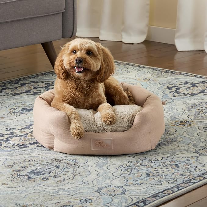 Town & Country Everyday CuddleTown Faux Linen Comfy Cozy Cuddler Pet Bed, Supportive & Calming, Non-Slip Bottom, Machine Washable Cover, Cream, Small 22"x20"x7"