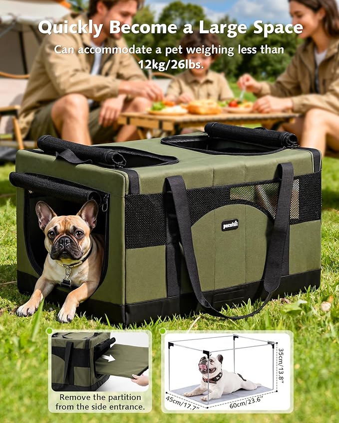 Pecute Dual Compartment Pet Carrier for Multi-Cat Families & Small Dog Owners, Collapsible Dog Crate with Reinforced Steel Frame, Car Safety Design for Travel, Vet Visits & Home Use, Green