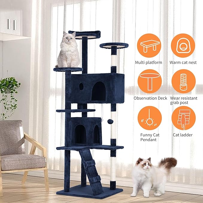 70 Inch Cat Tree Tower - Multi-Level Kitten Condo with Scratching Post, Plush Perch, Dangling Ball - Heavy Duty for Large Cats - Navy Blue