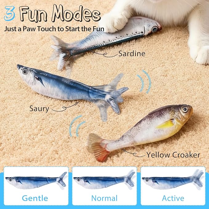 Cat Toys Flopping Fish 3 Pack Rechargeable Cat Toys Interactive for Indoor Exercise with Catnip, Moving Cat Toy 3 Flapping Mode 7.1 Inches Electric Realistic Plush Wiggle Fish